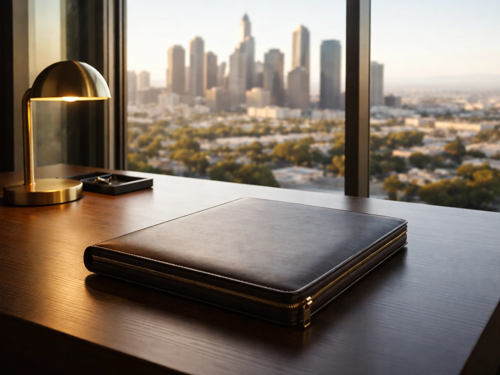 Minimal private equity office desk with a leather portfolio and a distant Los Angeles city skyline view.