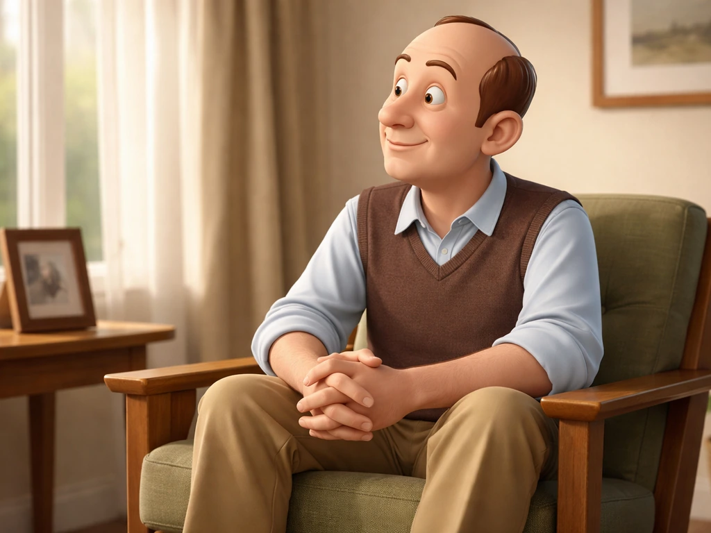 Anonymous sitcom-style dad character seated in a simple sunlit living room, inspired by Carter Pewterschmidt.