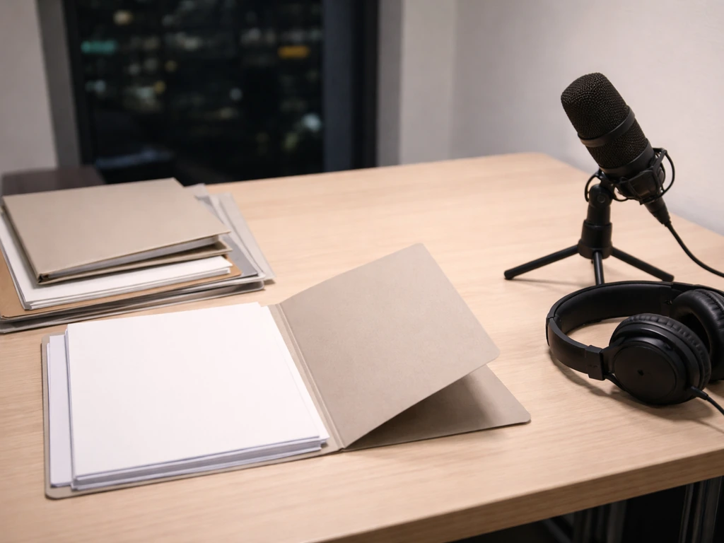 Minimal office desk with scattered blank paperwork folders and a muted newsroom microphone symbolizing verification vs s