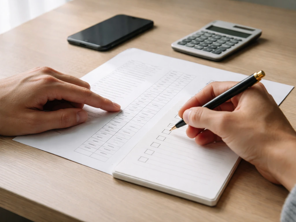 Person reviewing financial documents with a pen and notebook, with a smartphone and calculator nearby