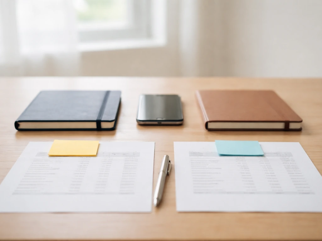 Minimal office desk with two ledger-style books and printouts laid out as if comparing figures.