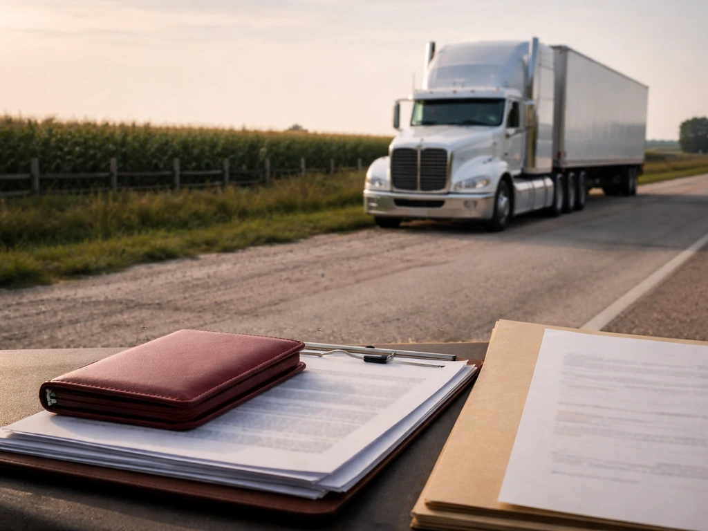 Iowa trucking scene with money and paperwork concept, no person shown, minimal hero image