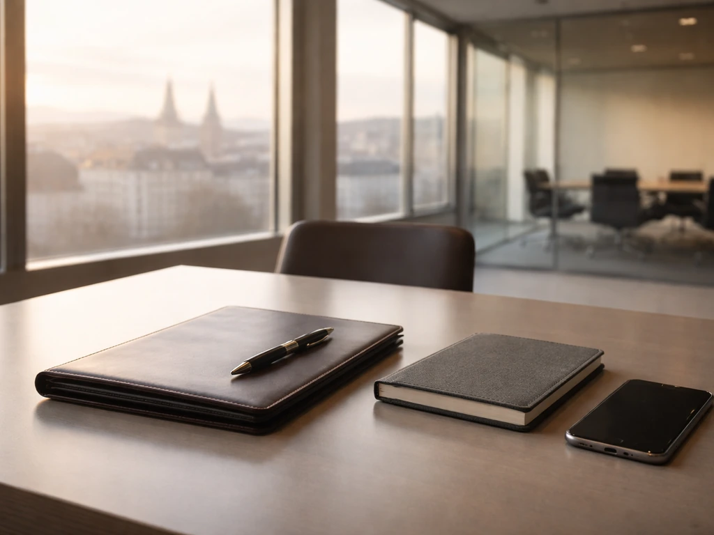 Minimal Swiss office desk with pen and portfolio by a window, symbolic of verifying net worth sources.