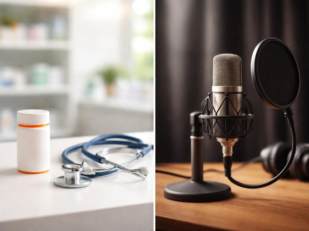 Minimal photo comparing a pharmacist setup (pill bottle, stethoscope) vs a TV producer setup (studio microphone).