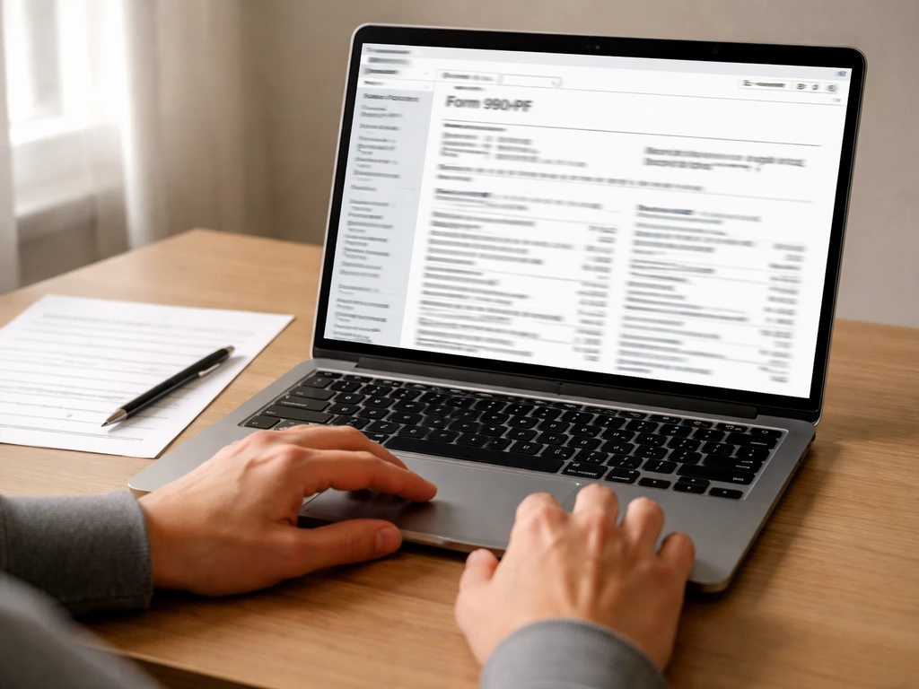 Close-up of a laptop showing a nonprofit 990-PF explorer search result page, with papers and pen nearby.