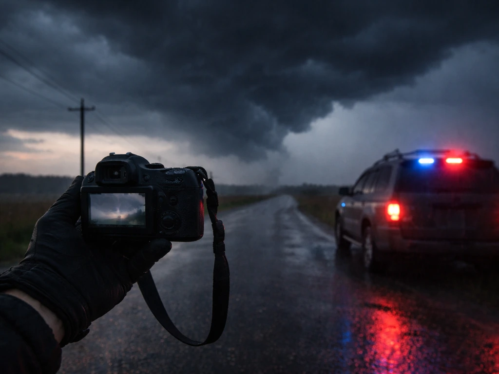 Rainy roadside scene with a weather SUV and a handheld camera aimed at storm clouds, storm-chasing documentary mood.