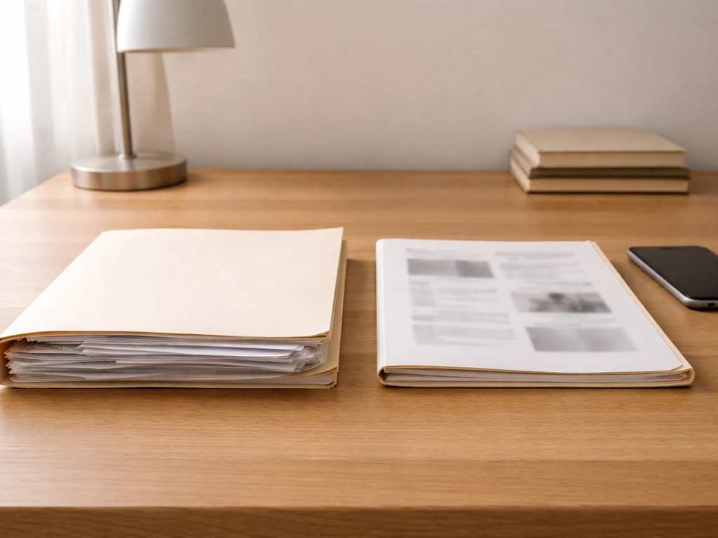 Desk with two side-by-side folders suggesting verified documents and blurred analytics estimates.