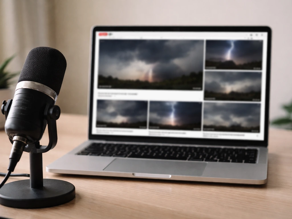 Laptop with a YouTube-style thumbnail grid and a microphone on a desk, storm footage blurred in the background.