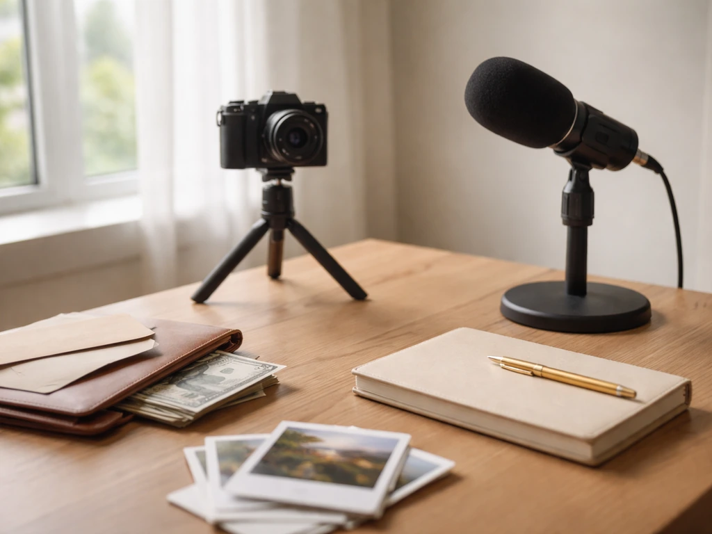 Minimal photo of a desk setup with camera, microphone, and cash-like props symbolizing multiple revenue streams