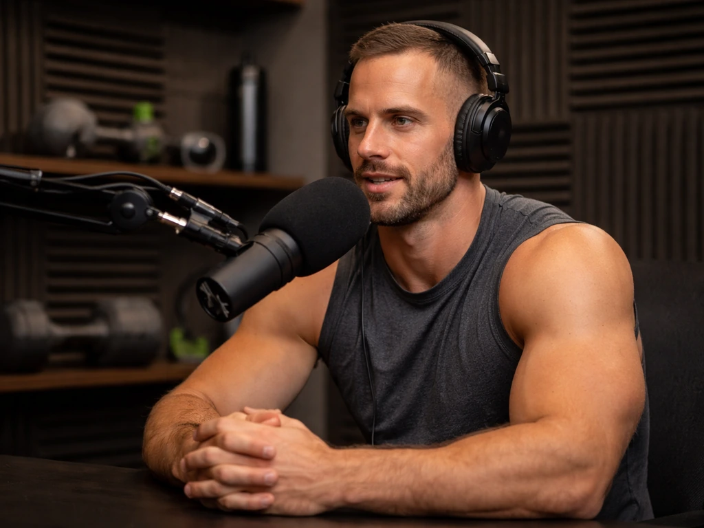 Anonymous fitness podcaster wearing headphones speaking into a studio microphone in a minimal podcast booth.