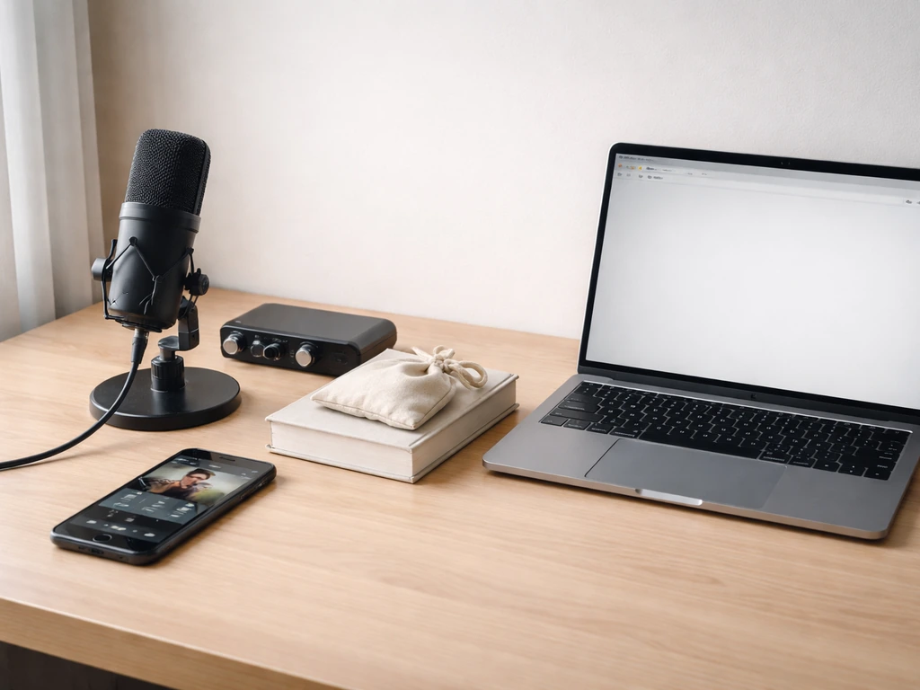Minimal desk scene with podcast mic, phone, book, and laptop suggesting multiple income streams.