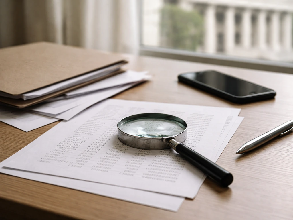 Magnifying glass over finance documents and abstract numbers on a minimal desk setup.