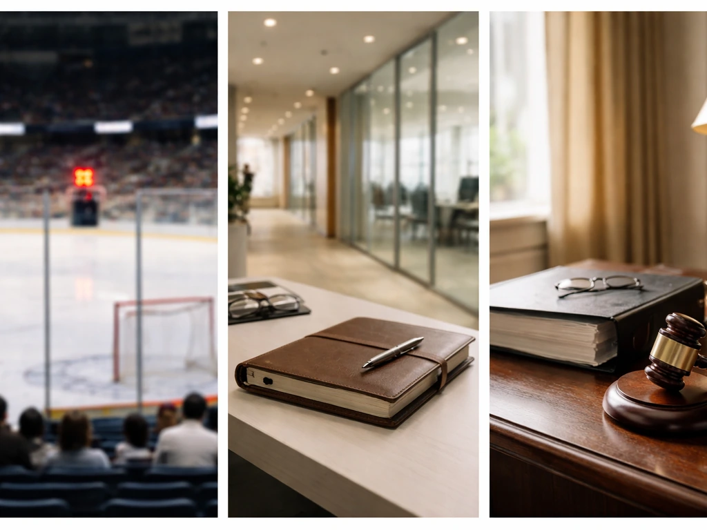 Three-panel collage showing hockey rink, corporate office desk, and law-office table with a gavel—no people, no text.