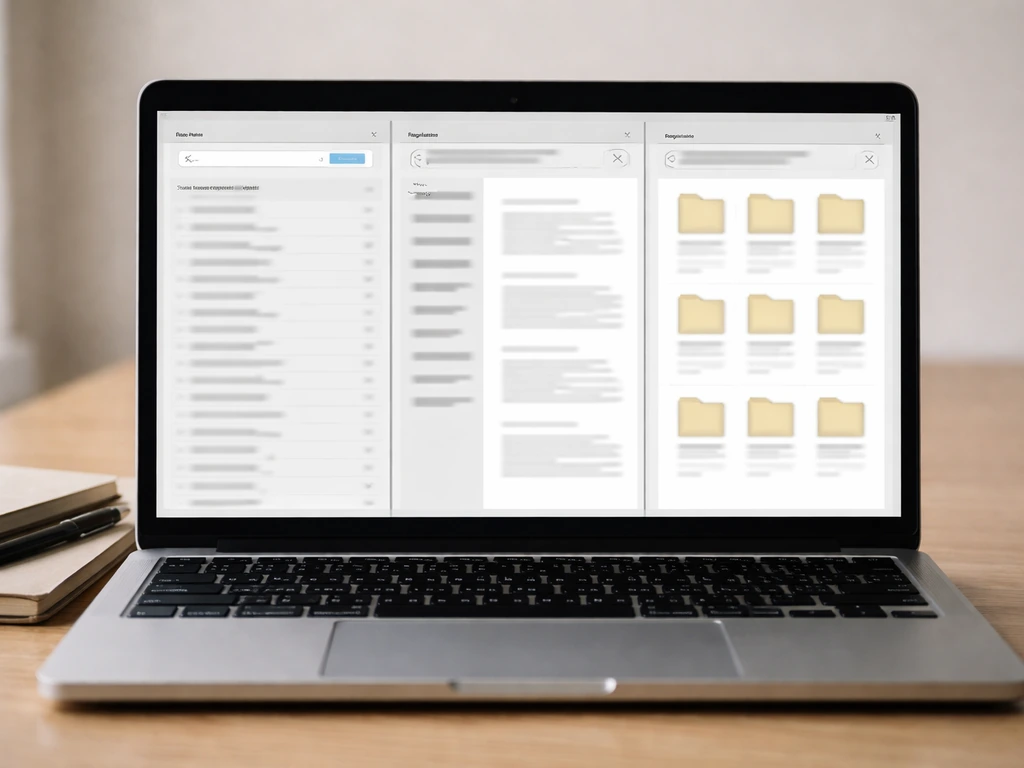 Laptop screen showing generic panels for corporate registry search, filings, and court document thumbnails.