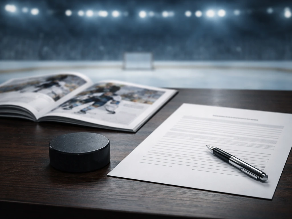 Anonymous hockey desk scene with a puck and blank contract-style documents, softly lit by arena lights.