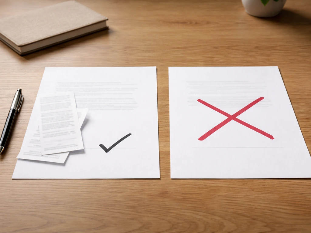 Desk scene showing two spreadsheets of financial notes: one checked with documents, one crossed out