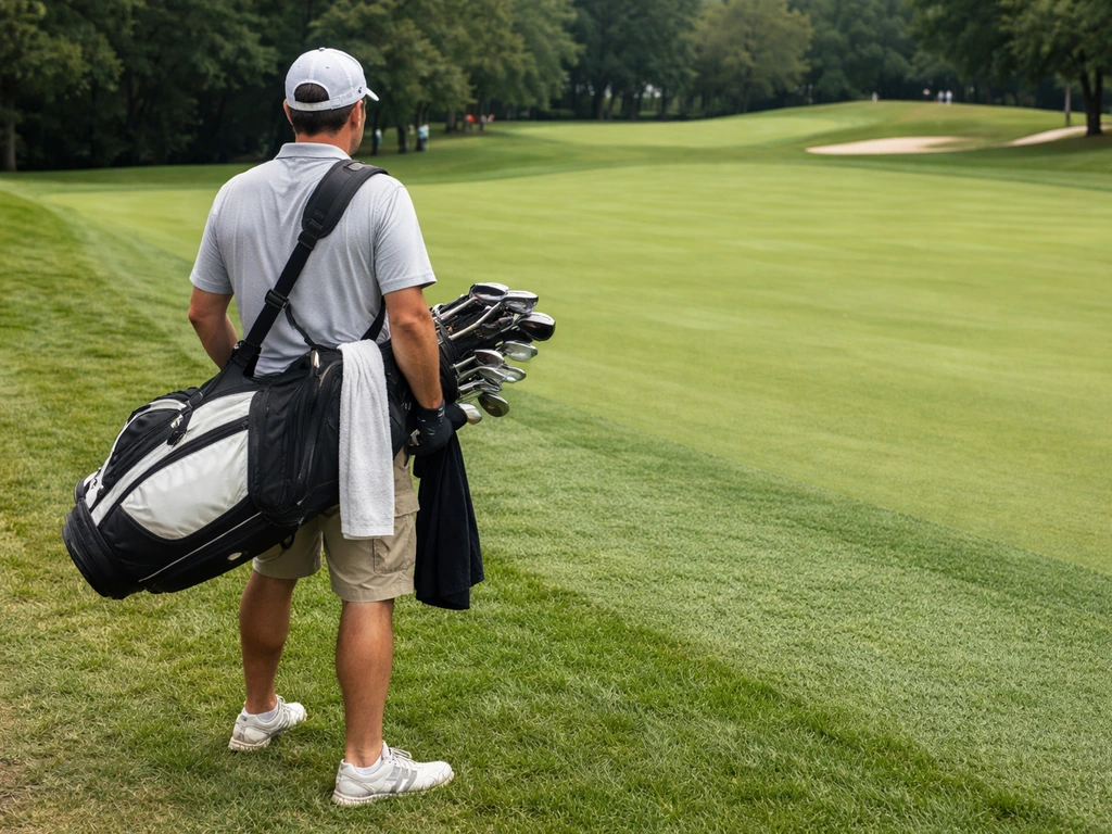 Anonymous caddie standing on a golf fairway beside a golf bag in tournament atmosphere.