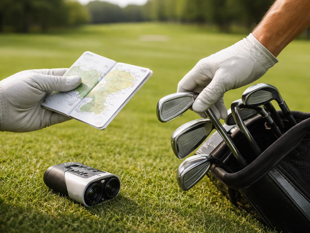 Golfer’s hand swapping a yardage card and club near a fairway, symbolic of tournament commission income