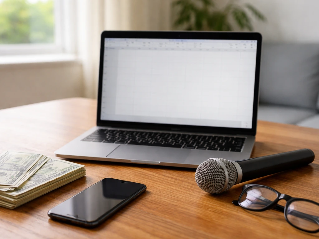 Minimal desk scene with cash, laptop, and microphone suggesting verifying income from public sources