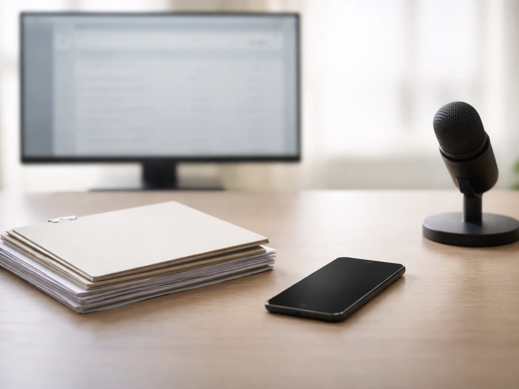 Minimal desk with financial papers, phone, and out-of-focus monitor suggesting net worth verification.
