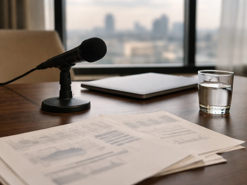 Minimal desk scene with microphone and finance papers beside a laptop, evoking an investment manager.
