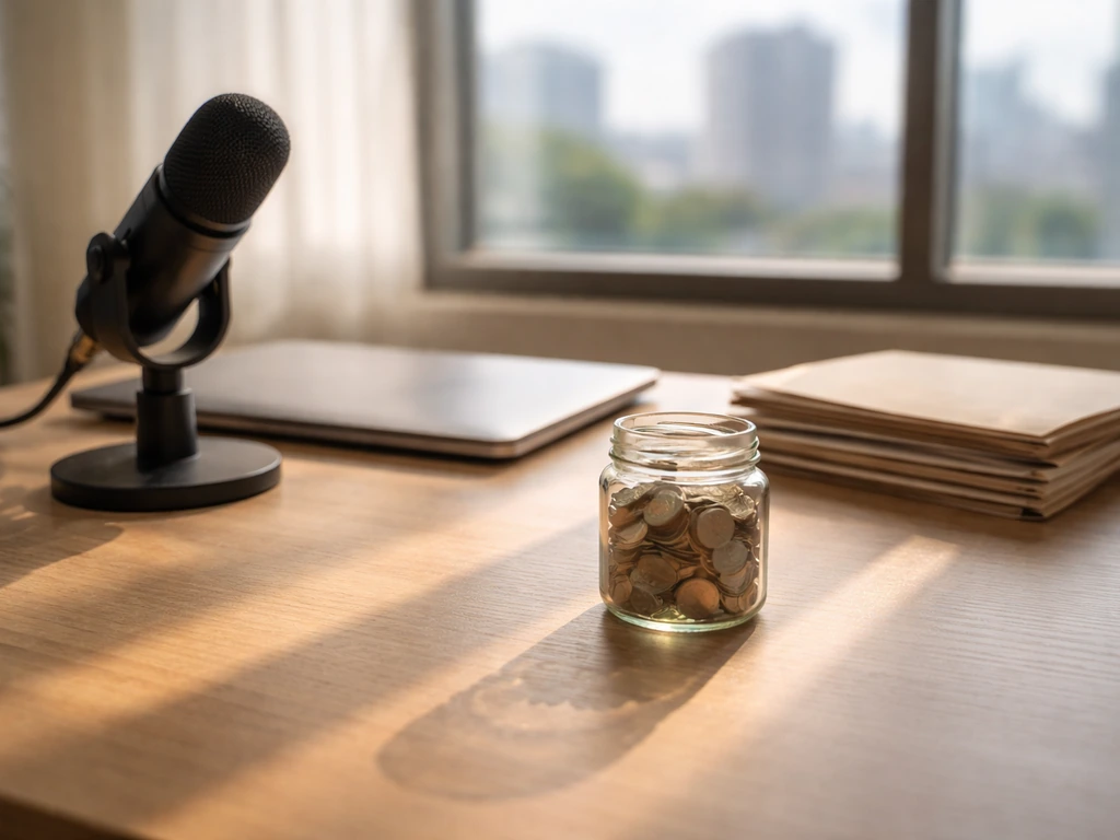Minimal office desk with coins and microphone, symbolizing a current net worth range and confidence.