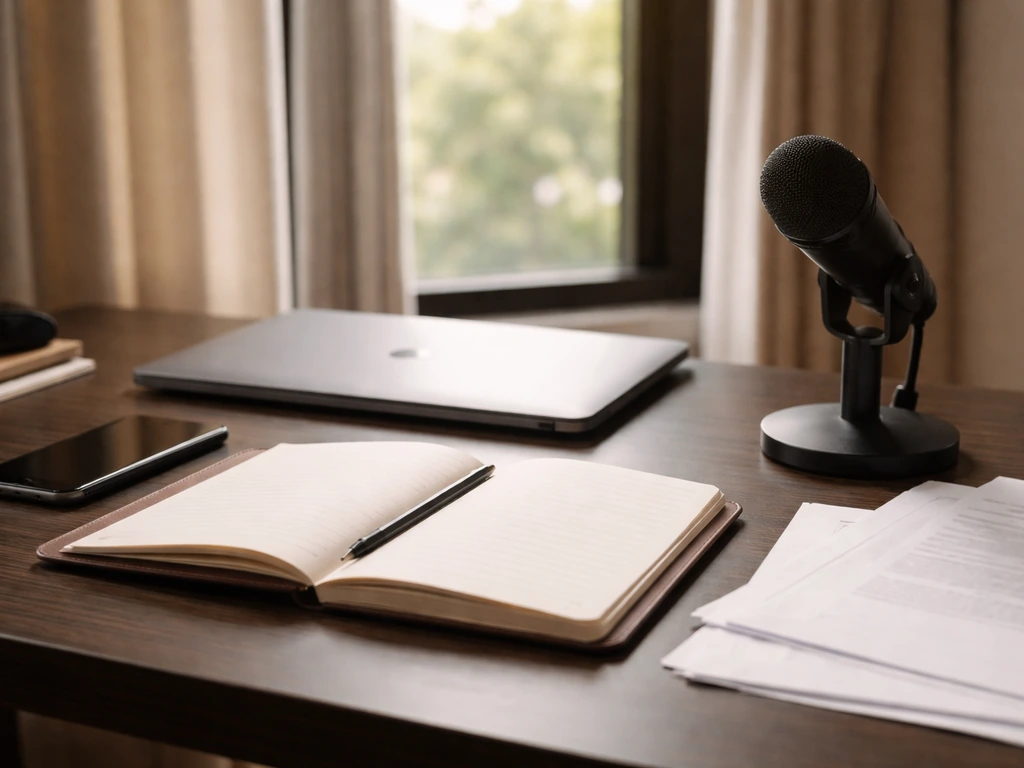 Minimal photo of an investment manager’s desk with laptop, notebook, and documents suggesting career milestones.