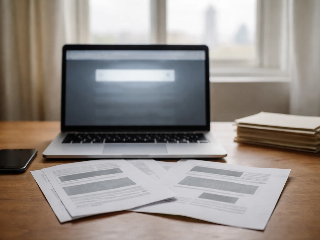 Laptop and redacted documents on a desk, symbolizing verifying a private person’s net worth.
