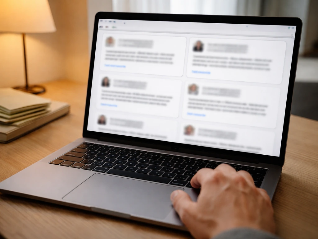 Hand on laptop showing blurred search results with money-themed ambience, suggesting net-worth interest.