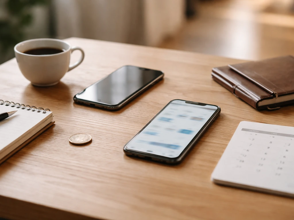 Minimal office desk with two phones and finance-themed props symbolizing differing net worth estimates.