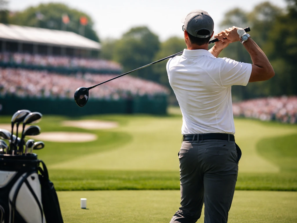 Anonymous golfer stance with a blurred PGA-style crowd and a subtle green-course backdrop