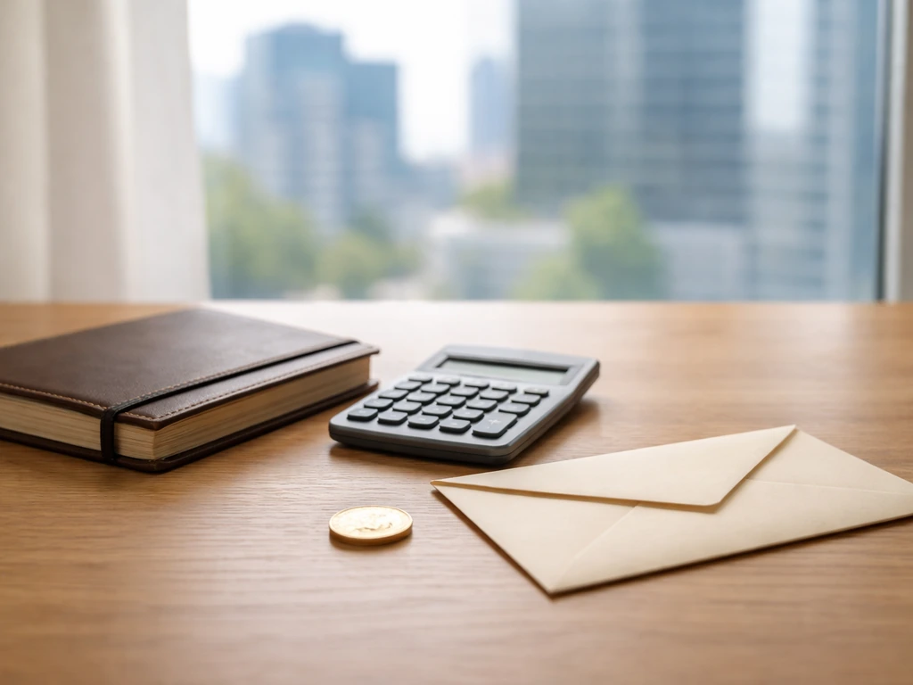 Minimal photo of a business desk with a calculator, envelope, and blurred city view symbolizing net worth estimates