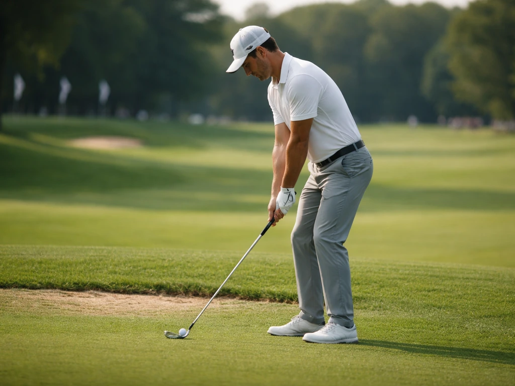 Golfer in white preparing to swing on a manicured fairway during a PGA-style tournament