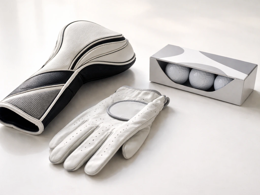 Close-up of golf gear items (club cover, glove, ball sleeve) suggesting equipment and apparel sponsorship.