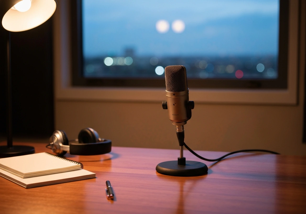 Minimal studio scene with a microphone and desk items symbolizing media career and wealth research