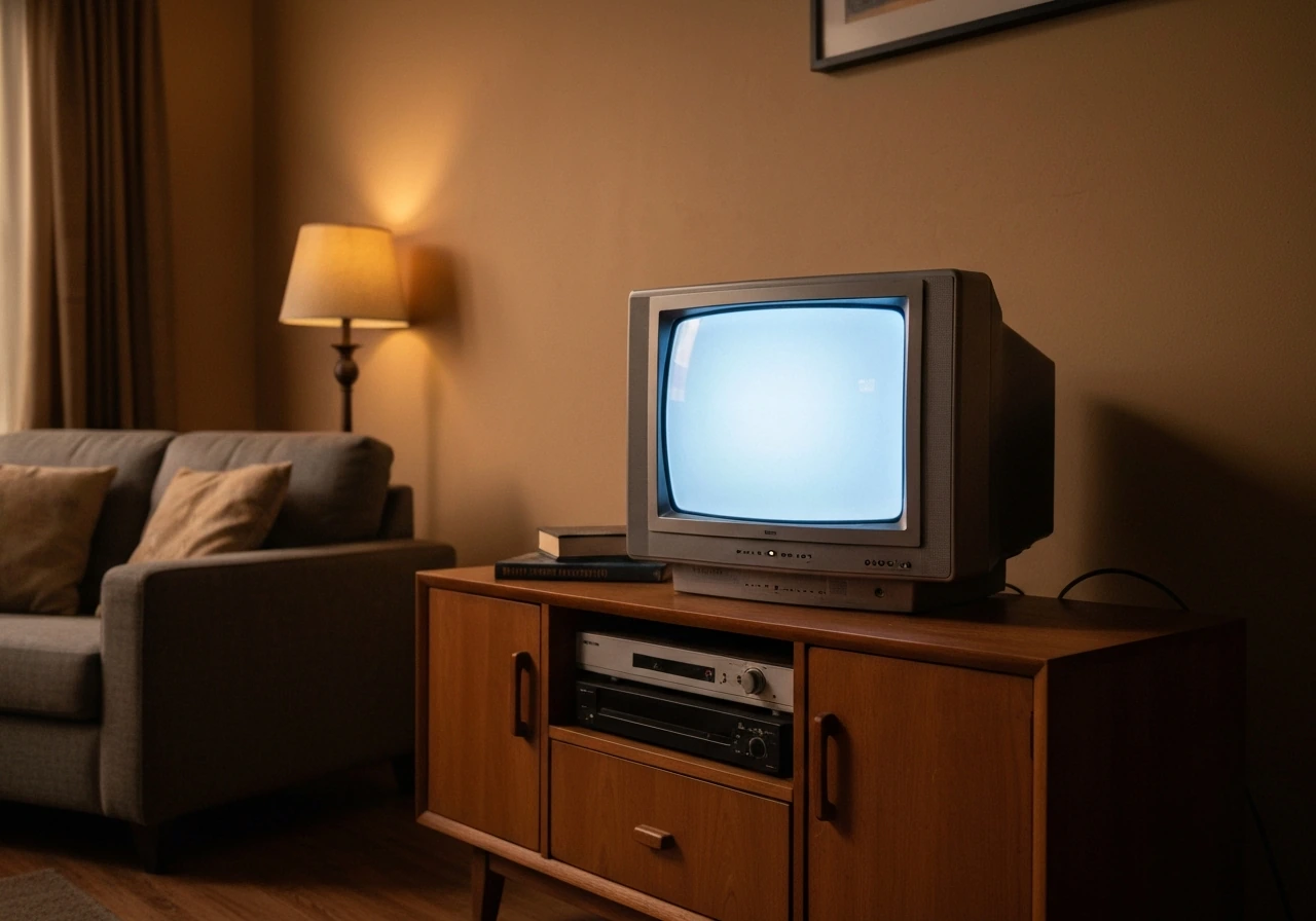 Moody living-room scene with a vintage TV showing a sitcom frame, evoking Everybody Loves Raymond’s peak era