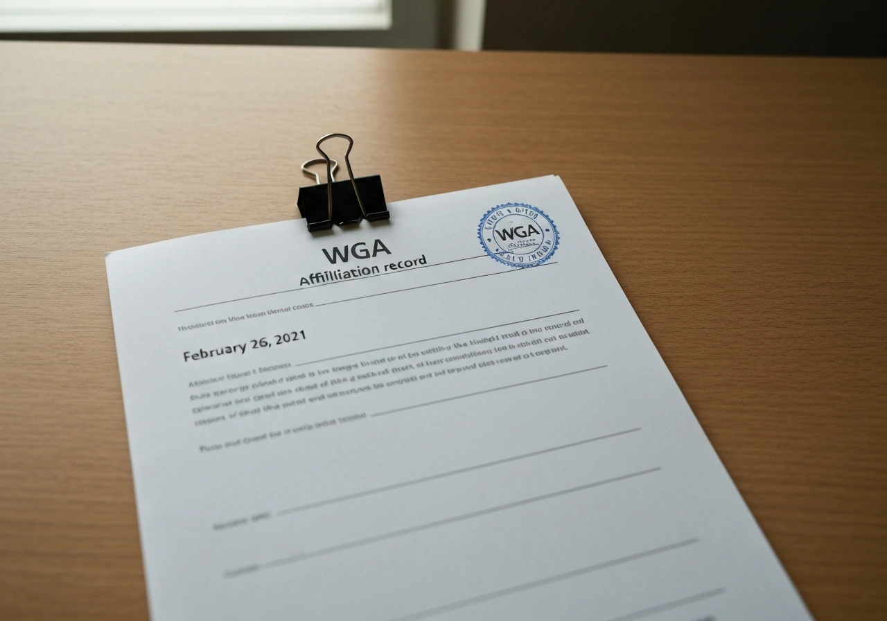 Close-up of a dated WGA-style affiliation document on a desk with a sealed record, Feb 26, 2021.