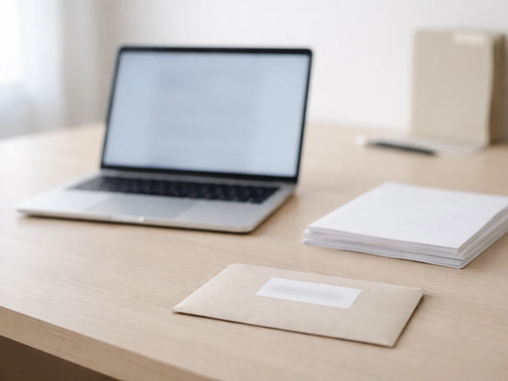Minimal photo of a desk with a laptop, scattered documents, and a blurred address label to suggest identity disambiguati