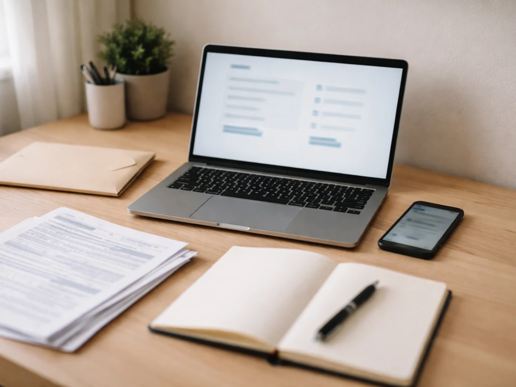 Minimal desk setup with laptop and phone, showing blurred placeholders for researching wealth sources