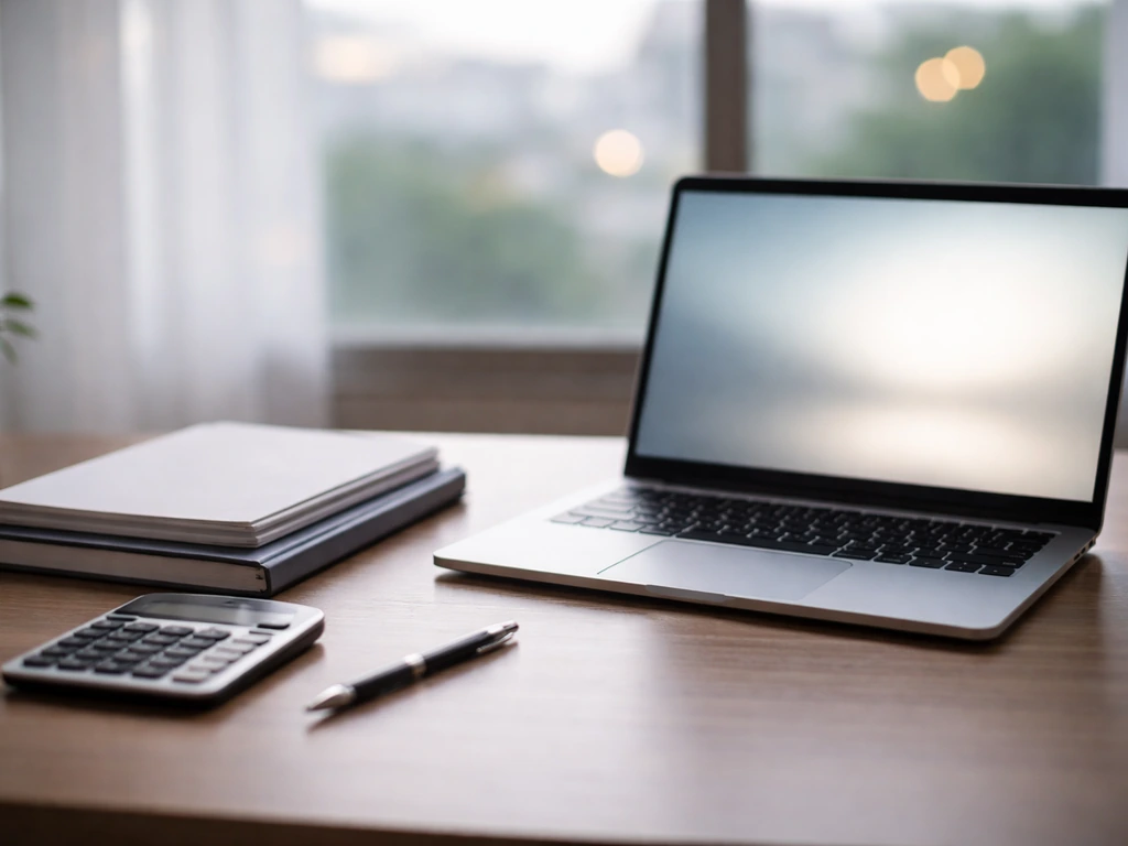 Minimal office desk scene with a laptop open and blurred financial documents, symbolizing building a net-worth range.