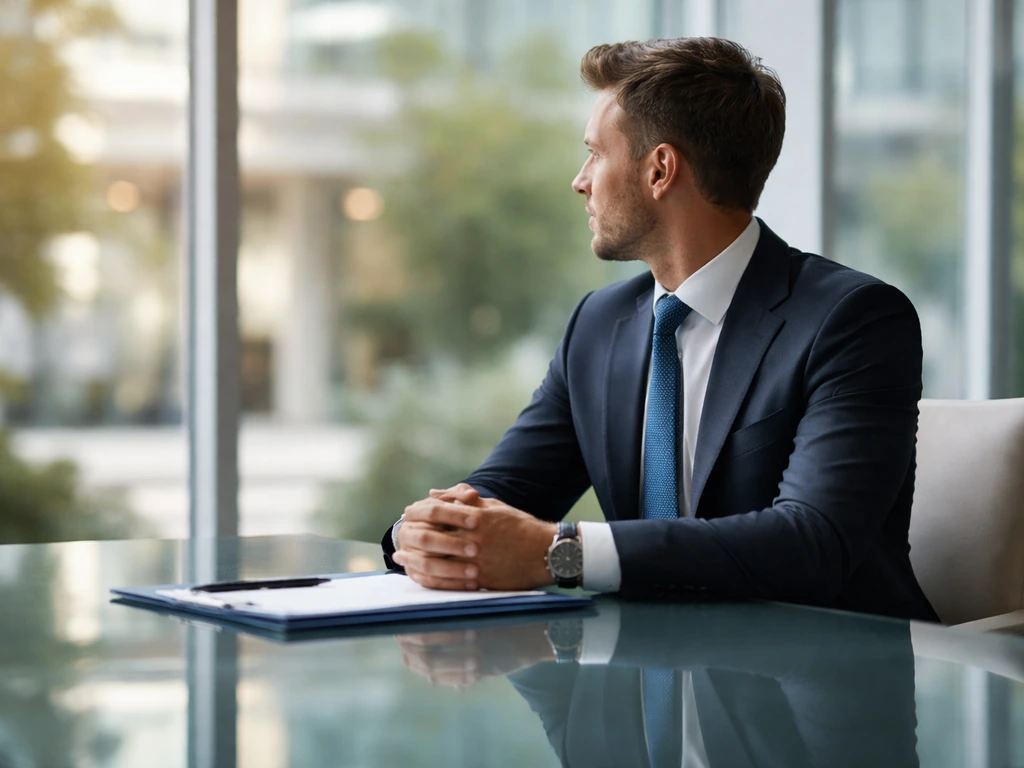 Man in business attire seated in a modern corporate office with a blurred company-style background