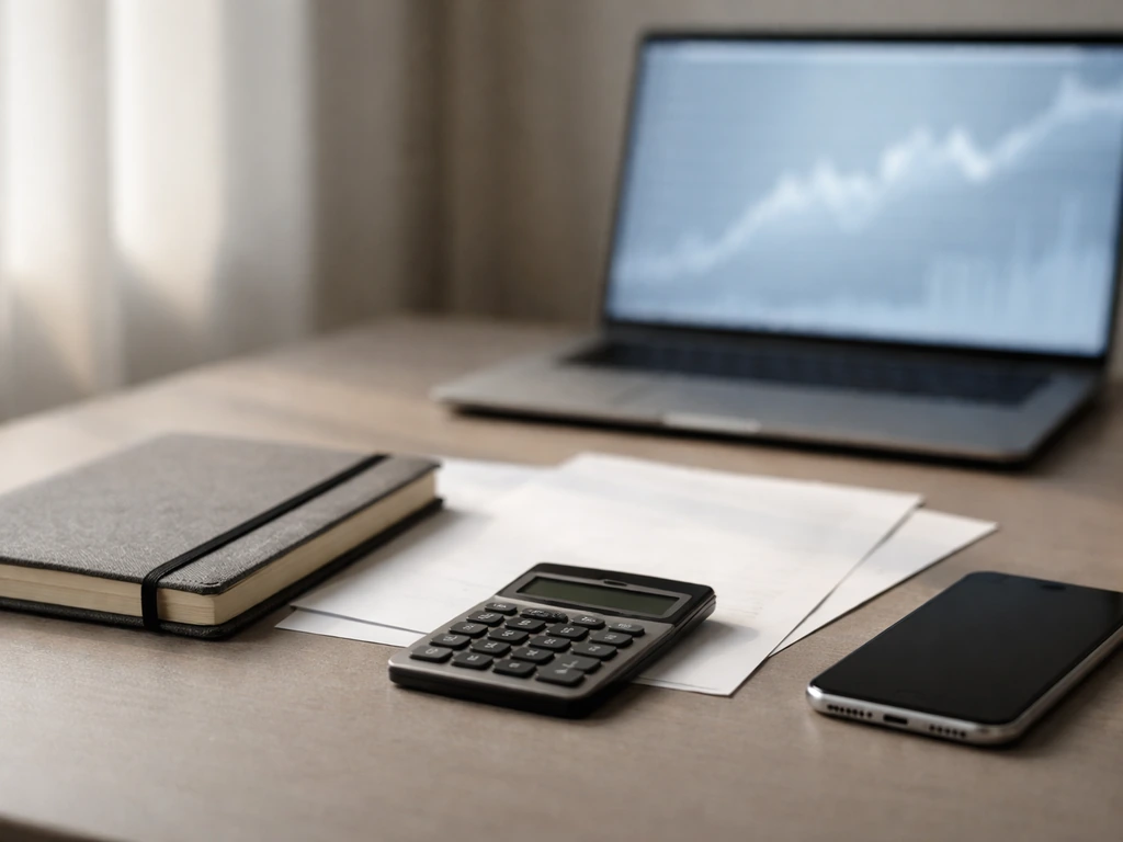 Minimal photo of a banker’s desk with papers, calculator, and a blurred laptop showing finance charts