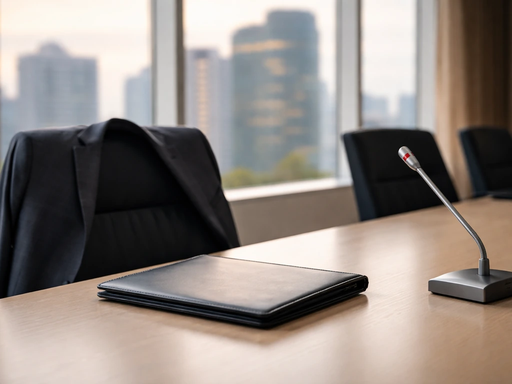 Minimal boardroom scene with an anonymous suit jacket, portfolio, and conference microphone by windows.
