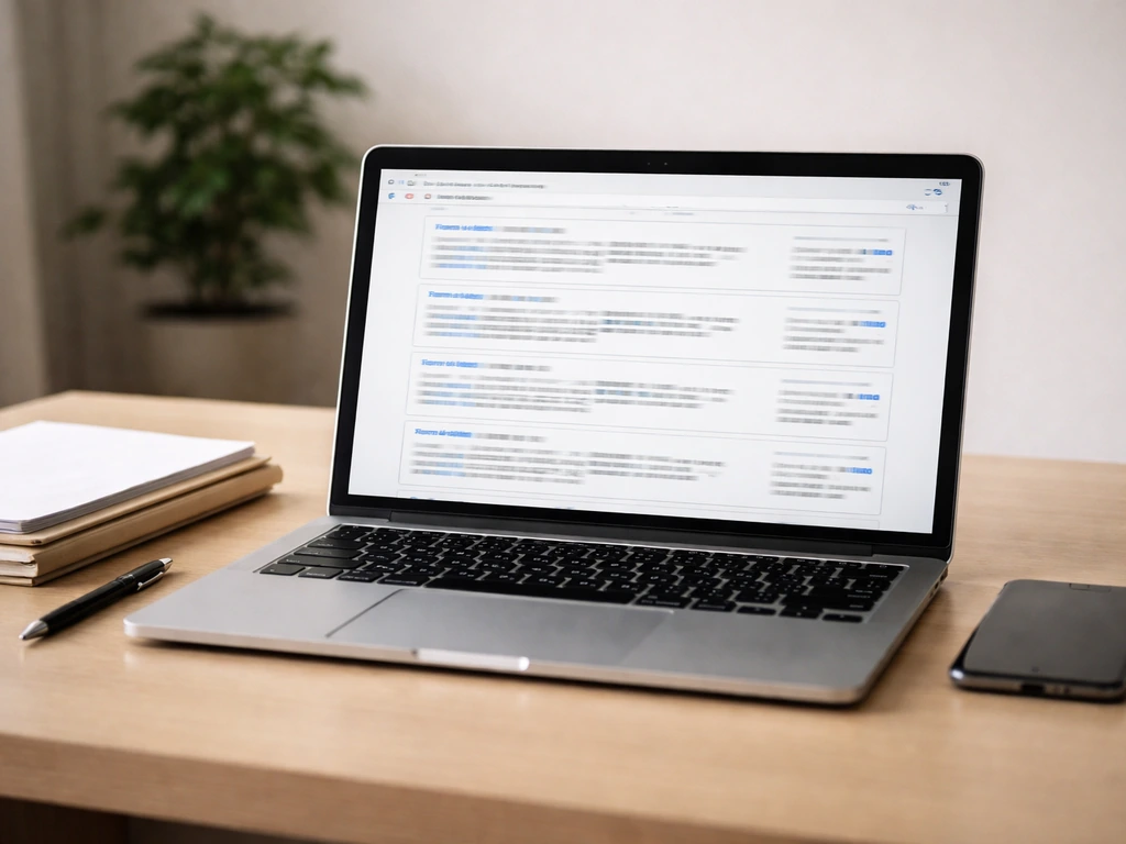 Desk scene with laptop displaying blurred SEC-style search results for Form 4 verification workflow.