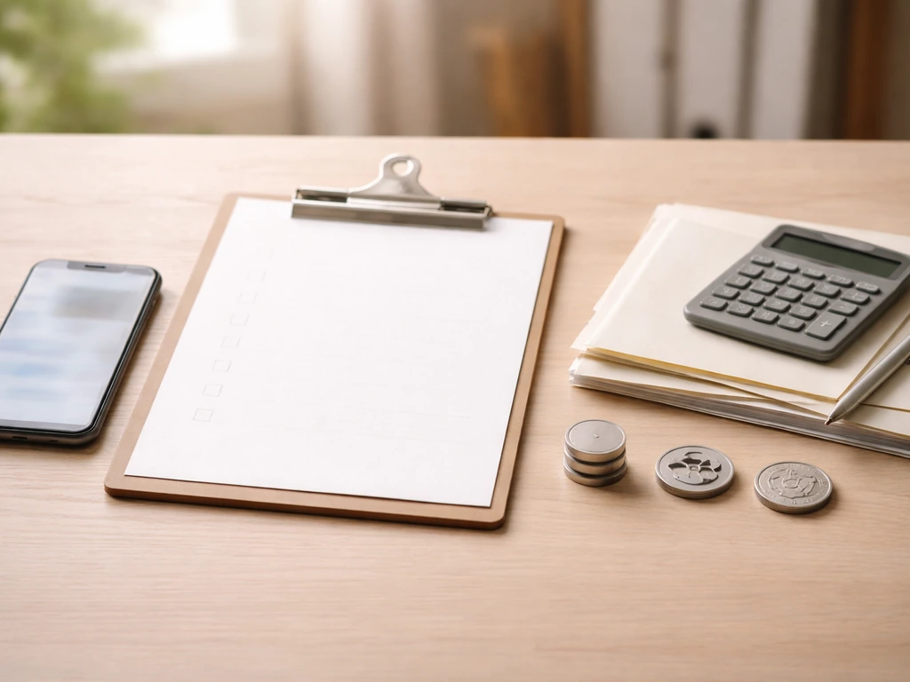 Close-up office desk with blank checklist, documents, calculator, and blurred phone—symbolic net-worth verification.