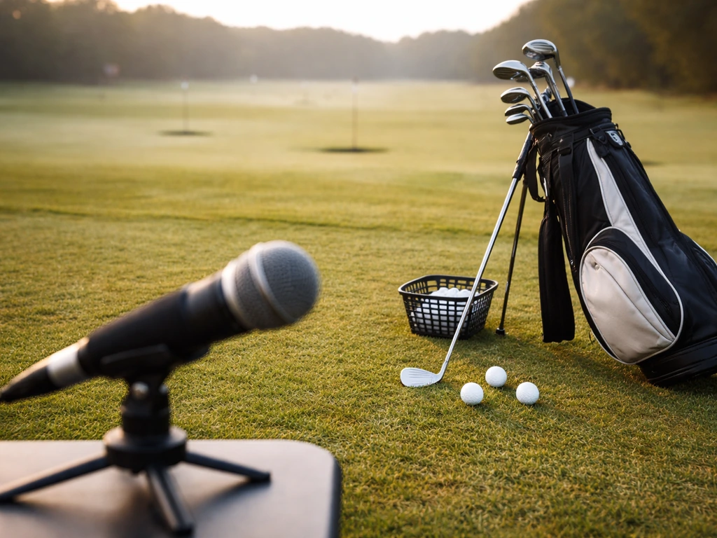 Golf practice scene with clubs and a microphone-like media setup symbolizing financial profile analysis