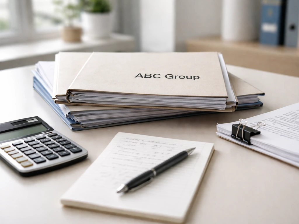 Close-up of corporate registry paperwork, calculator, and handwritten notes on a minimal office desk.