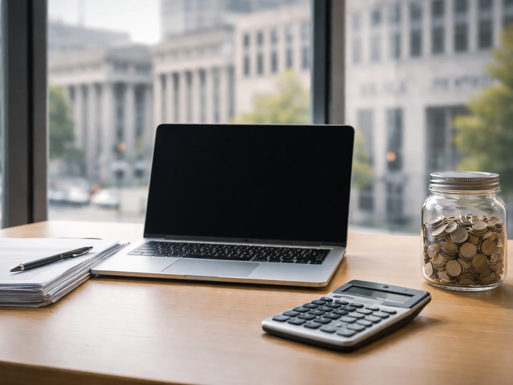 Minimal finance desk scene with laptop, calculator, and coins in a Washington DC office setting.