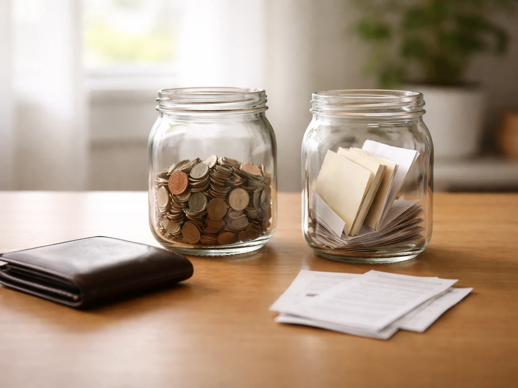 Minimal desk scene with coins in one jar and blank envelopes in another to suggest assets minus liabilities.