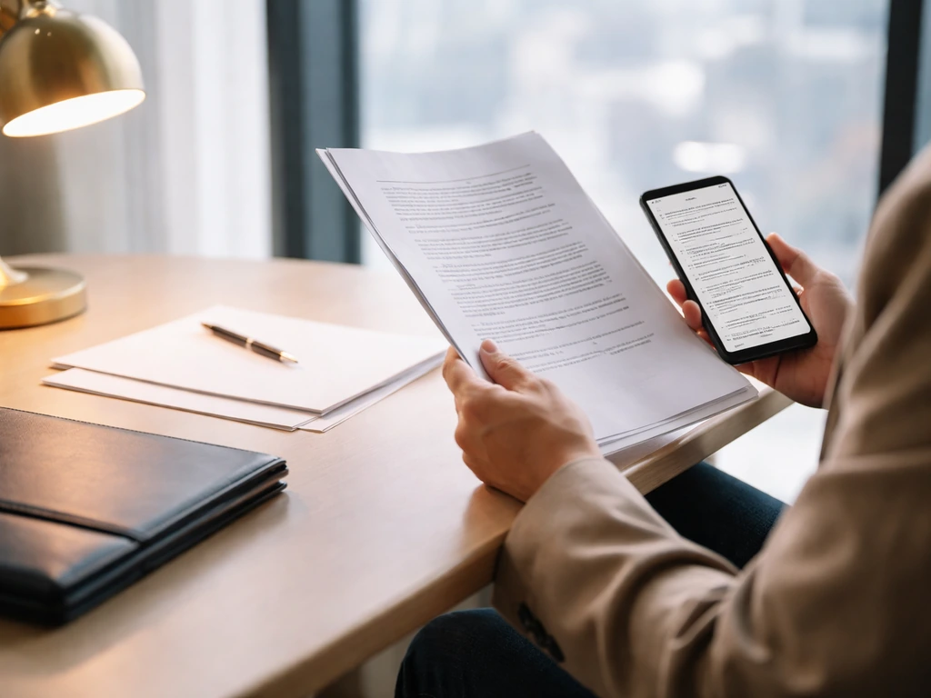 Minimal office desk scene with an anonymous person reviewing paperwork suggesting documented business income.